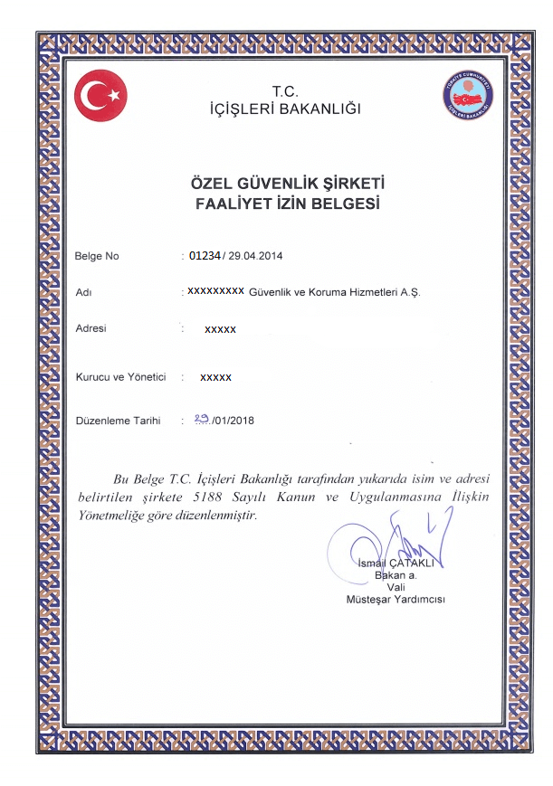 örnek özel güvenlik şirketleri izin belgesi